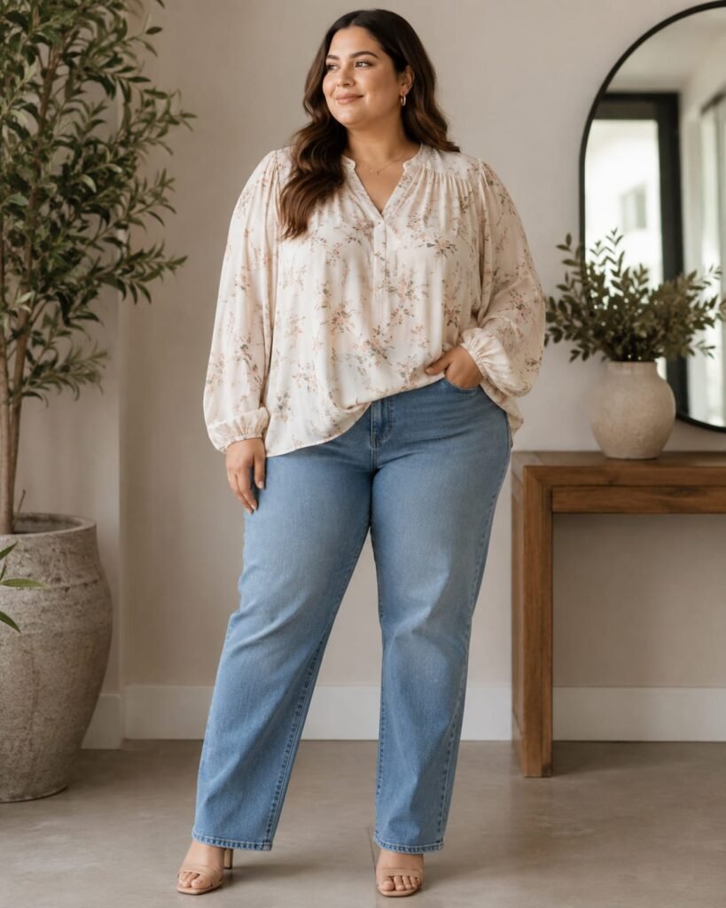 Flowy blouse with straight leg jeans for plus size