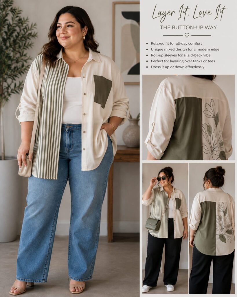 Layer a button up shirt for plus size women