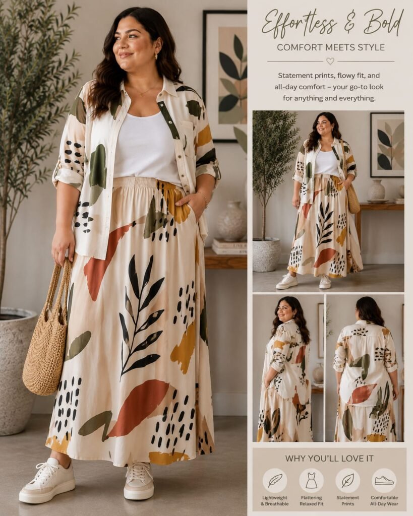 Statement prints with flowy fir and comfortable shoes 