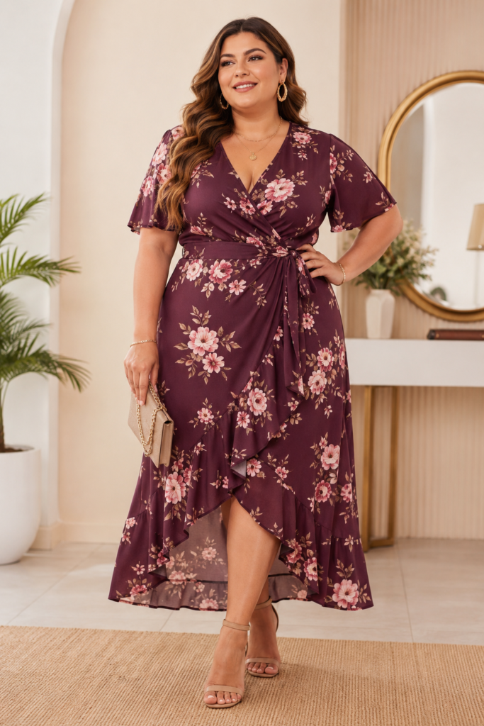 Confident plum wrap floral dress